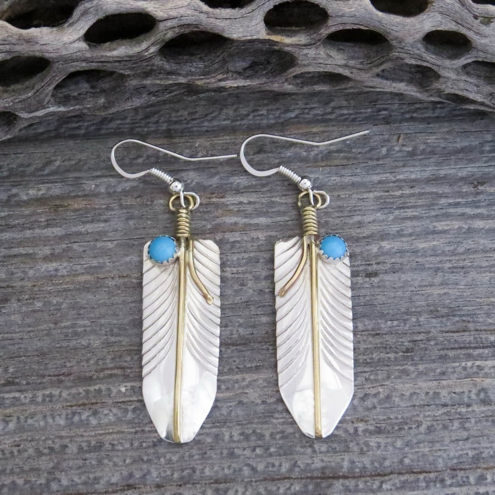 Silver and Gold Feather Earrings with Blue Accent